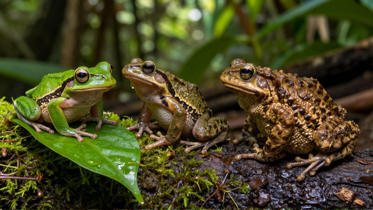 Tres tipos de anfibios con diferentes adaptaciones: una rana arborícola en una hoja, una rana semiacuática junto a una gota de agua y un sapo de piel rugosa sobre la tierra.