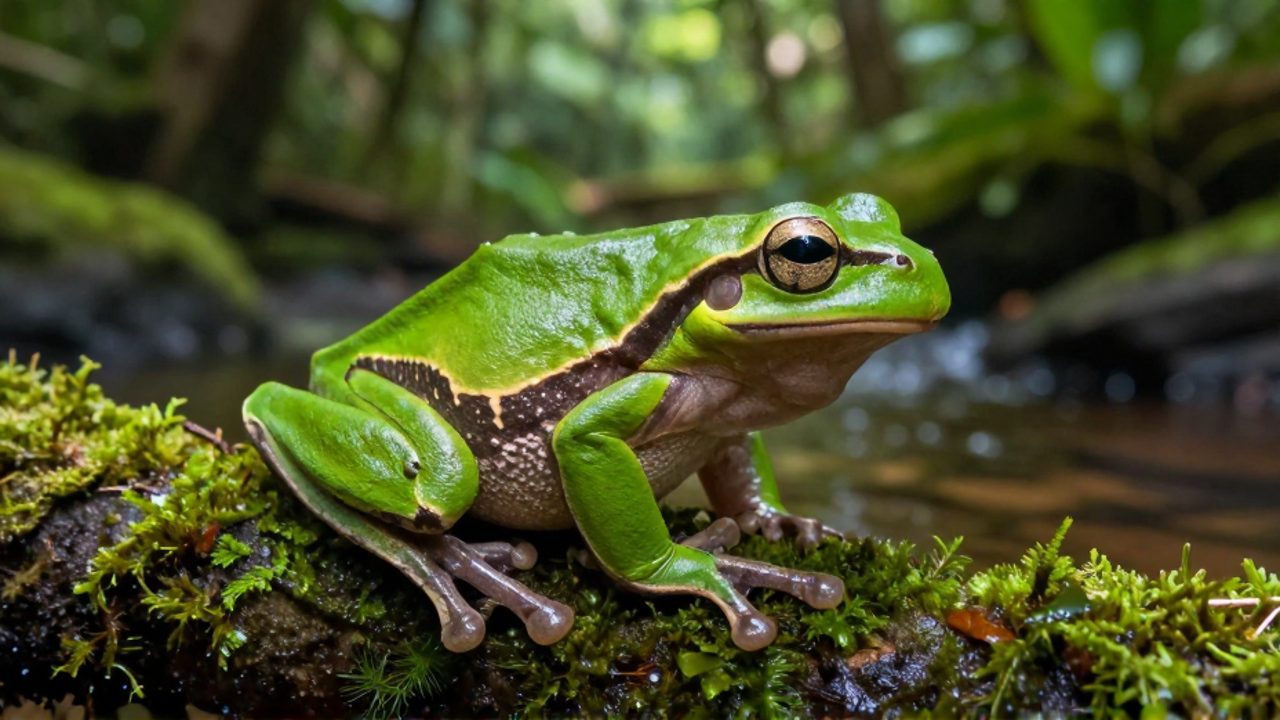 Rana arborícola de color verde brillante posada sobre una rama con musgo en un entorno de selva tropical.