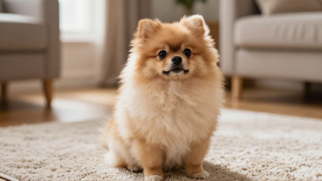 Perro de raza pequeña sentado sobre una alfombra en el salón de una casa.