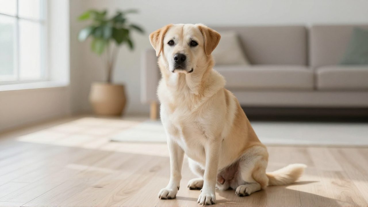 Perro sentado tranquilamente en el suelo de una sala luminosa y despejada.