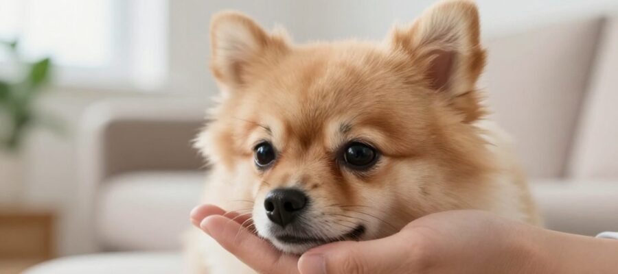 Perro pequeño con expresión cansada apoya su cabeza en la mano de una persona para transmitir vulnerabilidad y necesidad de cuidados.