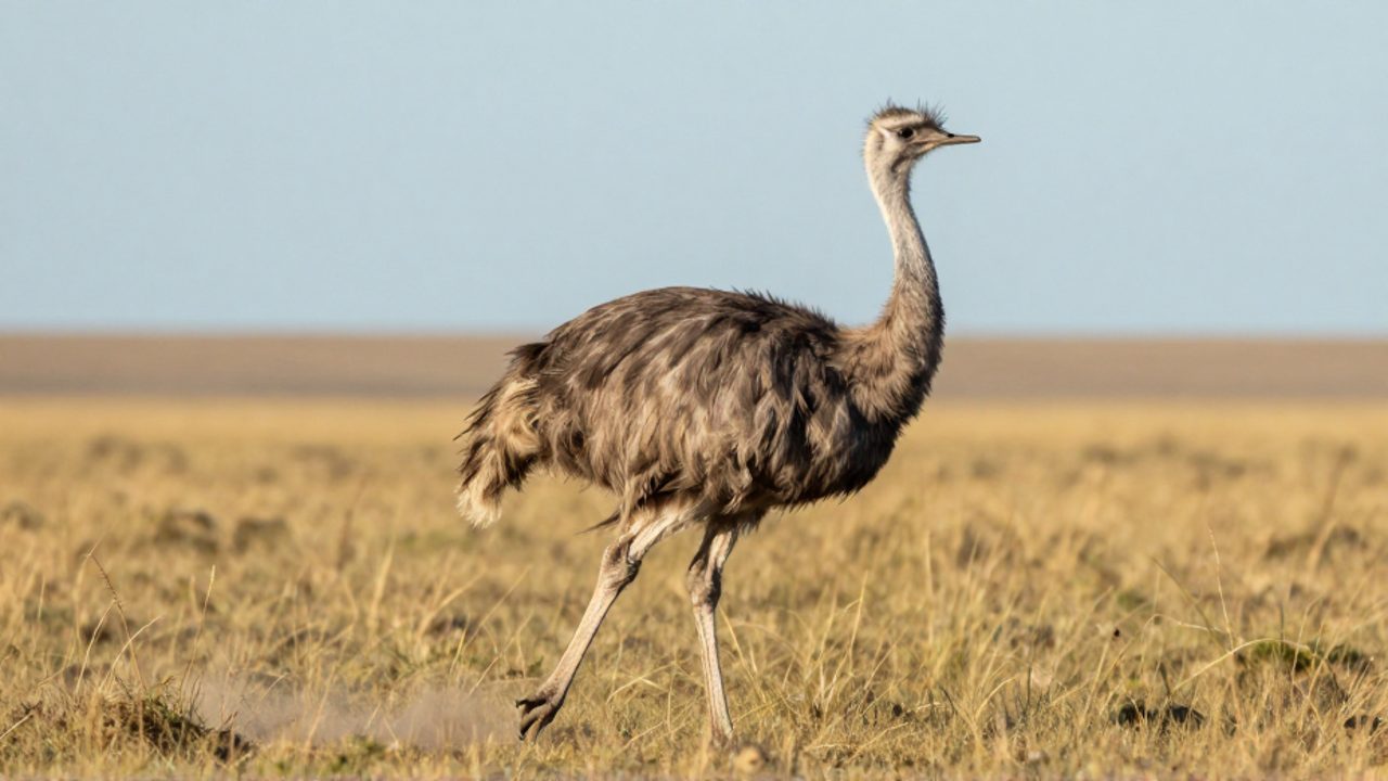 Un ñandú corre por las llanuras doradas de la pampa sudamericana con sus alas ligeramente extendidas para mantener el equilibrio.