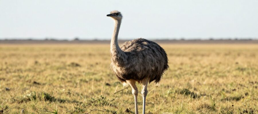 Un ñandú de plumaje grisáceo se encuentra de pie en medio de la vasta llanura de la pampa sudamericana.