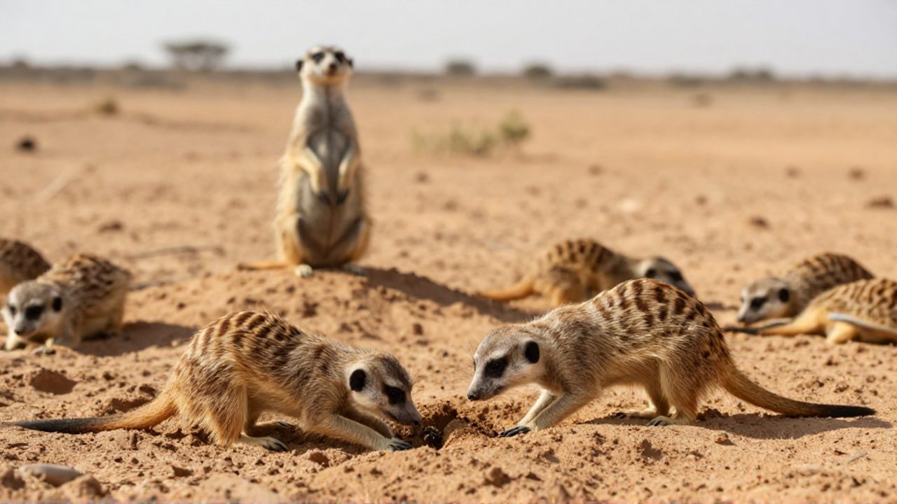 Una suricata excava en la arena del desierto de Kalahari para buscar insectos mientras otra permanece erguida vigilando el entorno.