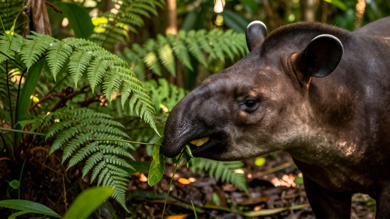 Un tapir utiliza su probóscide flexible para arrancar una hoja verde de una rama en la selva tropical.