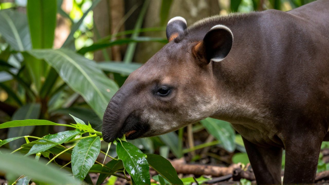 Un cría de tapir utiliza su proboscis para alimentarse de brotes verdes en un entorno de vegetación tropical.
