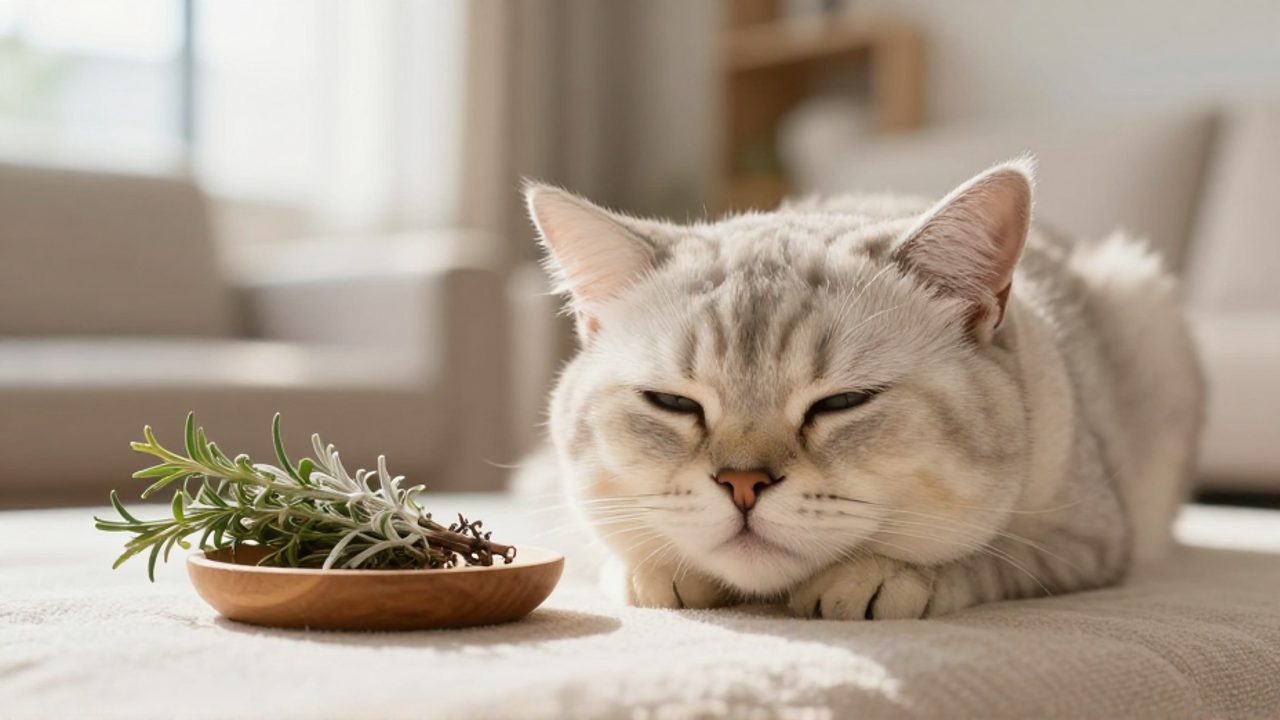 Gato doméstico descansando con tranquilidad junto a un pequeño cuenco de madera con hierbas naturales en una sala iluminada.