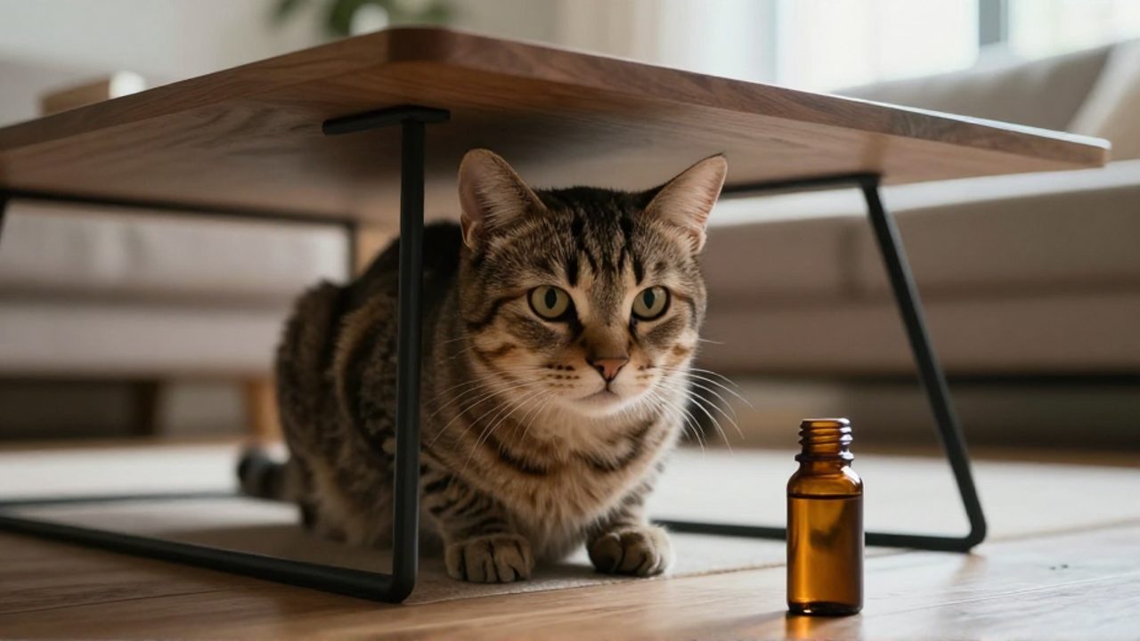 Gato con expresión de ansiedad escondido bajo una mesa de madera junto a un frasco de aceite esencial derramado en el suelo.