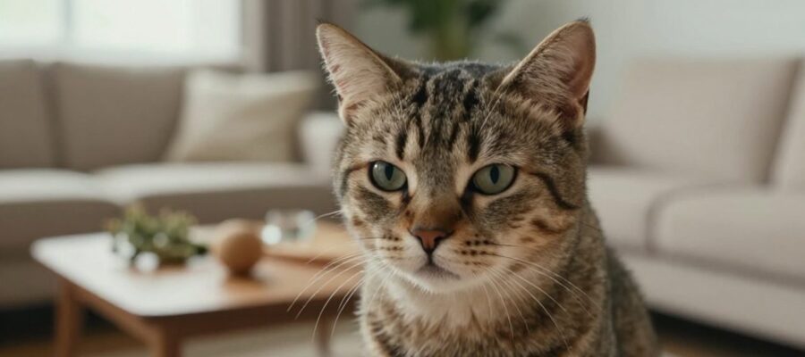 Gato doméstico con expresión de inquietud y ojos dilatados en una sala de estar acogedora.