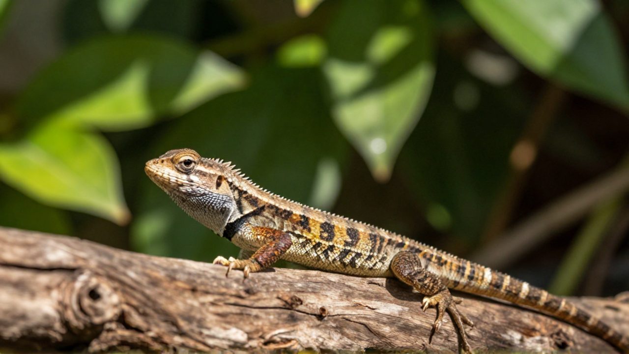 Una pequeña lagartija de colores vibrantes descansa sobre un tronco de madera en un entorno de vegetación natural.
