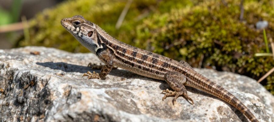 Una pequeña lagartija de escamas detalladas descansa sobre una roca de piedra caliza entre vegetación y musgo.