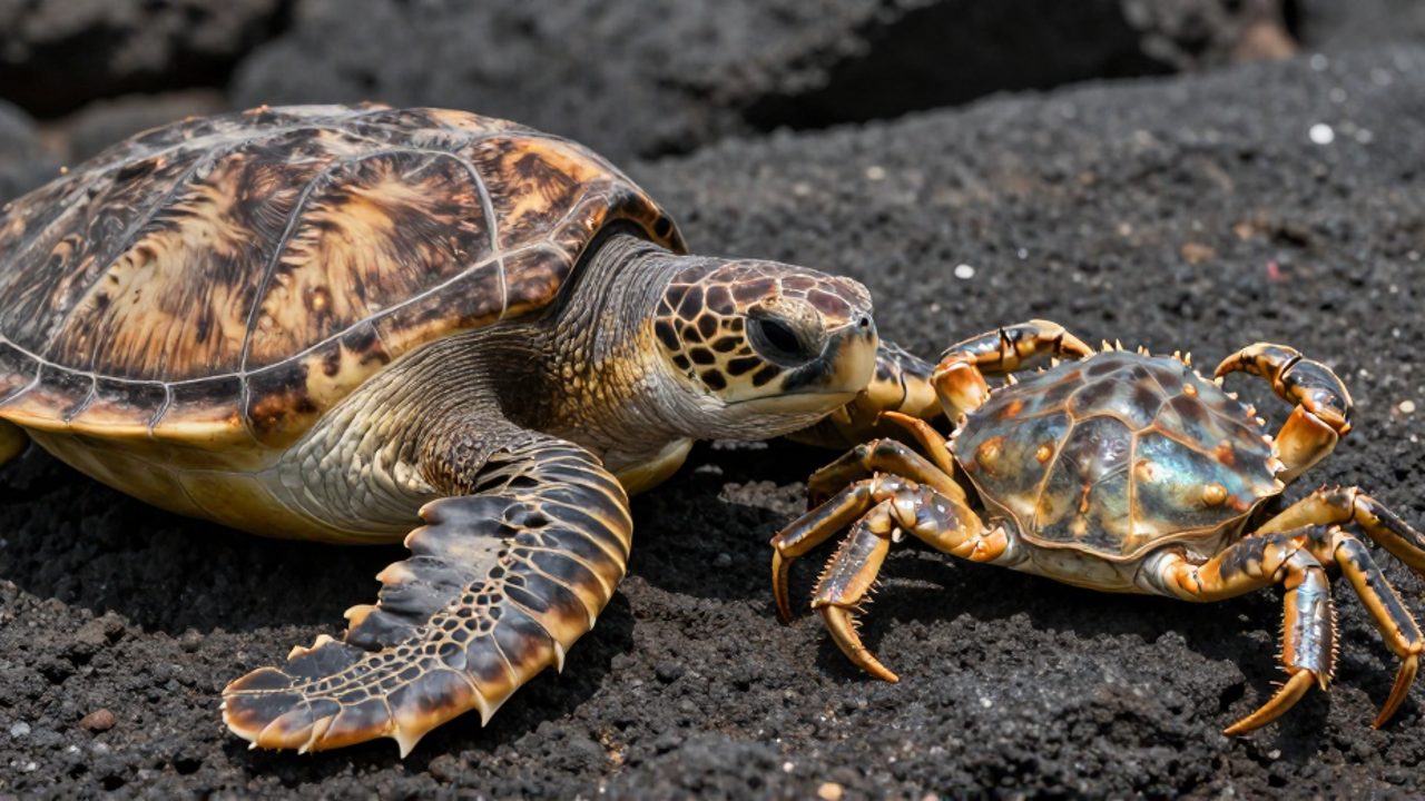 Comparación detallada entre el caparazón óseo y segmentado de una tortuga marina y el exoesqueleto quitinoso de un cangrejo sobre una roca volcánica.