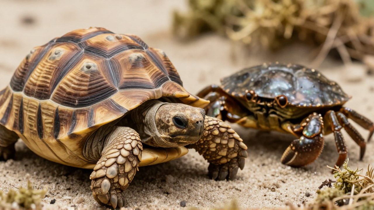 Comparativa de las texturas de un caparazón de tortuga con patrones orgánicos y tierra junto al exoesqueleto segmentado e iridiscente de un cangrejo.
