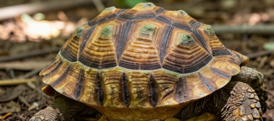 Primer plano detallado de los escudos y los patrones geométricos que forman el caparazón de una tortuga.