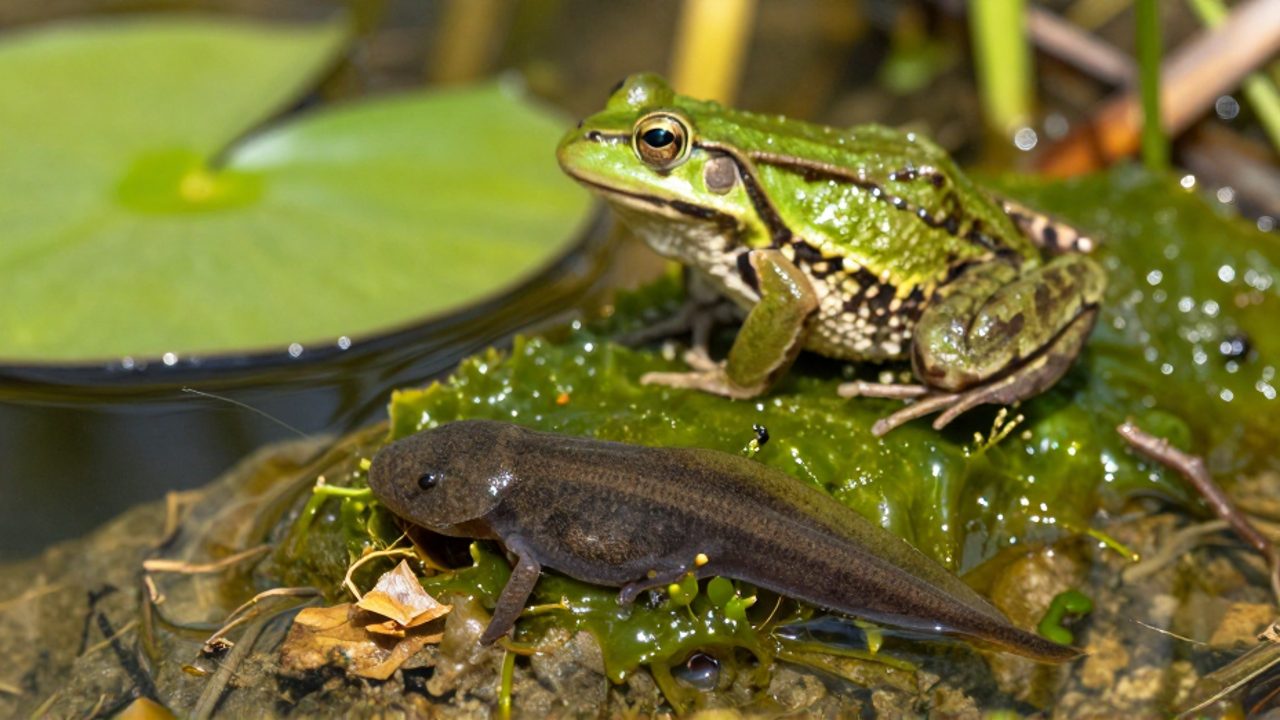 Un renacuajo oscuro se alimenta de algas en el fondo de un estanque mientras una rana verde adulta reposa sobre una hoja de lirio en la superficie.