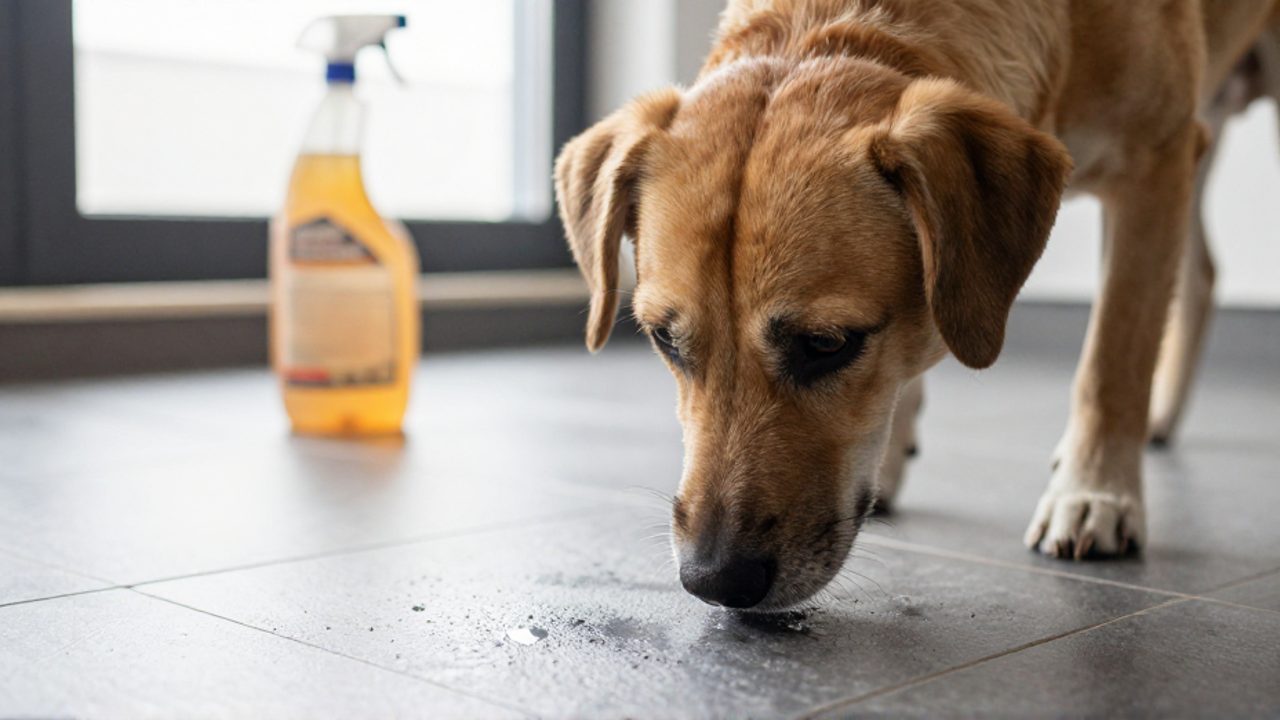 Un perro de tamaño mediano olfatea con cautela un suelo de baldosas oscuras en el interior de una casa.