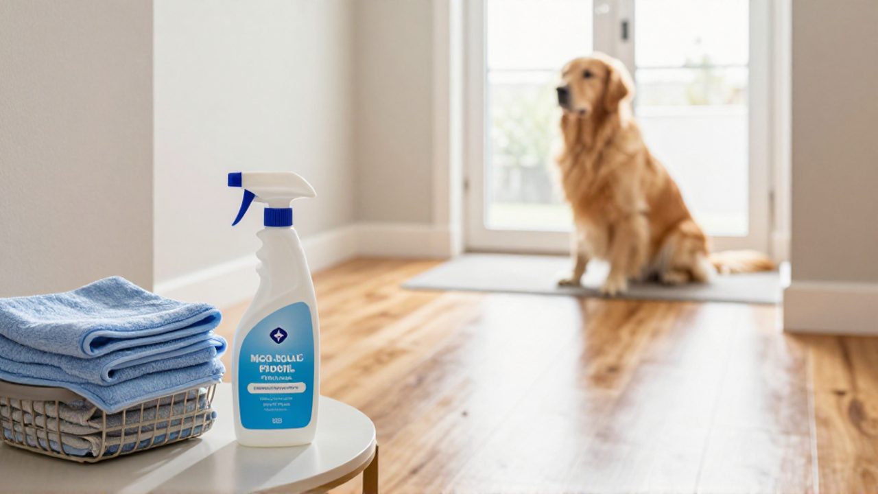 Botella de limpiador de suelos no tóxico sobre una mesa junto a un perro Golden Retriever descansando en una entrada luminosa y limpia.