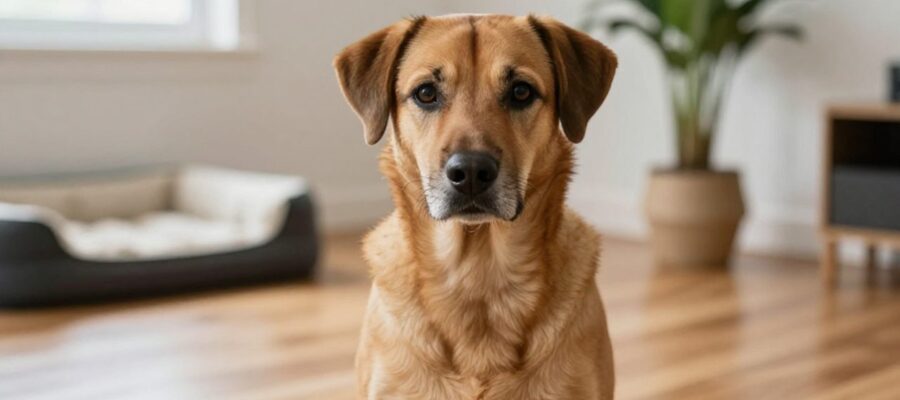 Perro de tamaño mediano sentado tranquilamente en el suelo de una sala de estar limpia y luminosa.