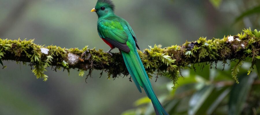 Quetzal resplandeciente de plumaje verde esmeralda y pecho rojo posado sobre una rama en un bosque nuboso.