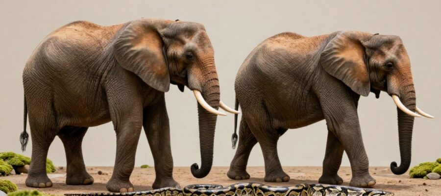 Un elefante africano y una pitón reticulada situados sobre un fondo de tierra y musgo para mostrar la diversidad anatómica de los tetrápodos.