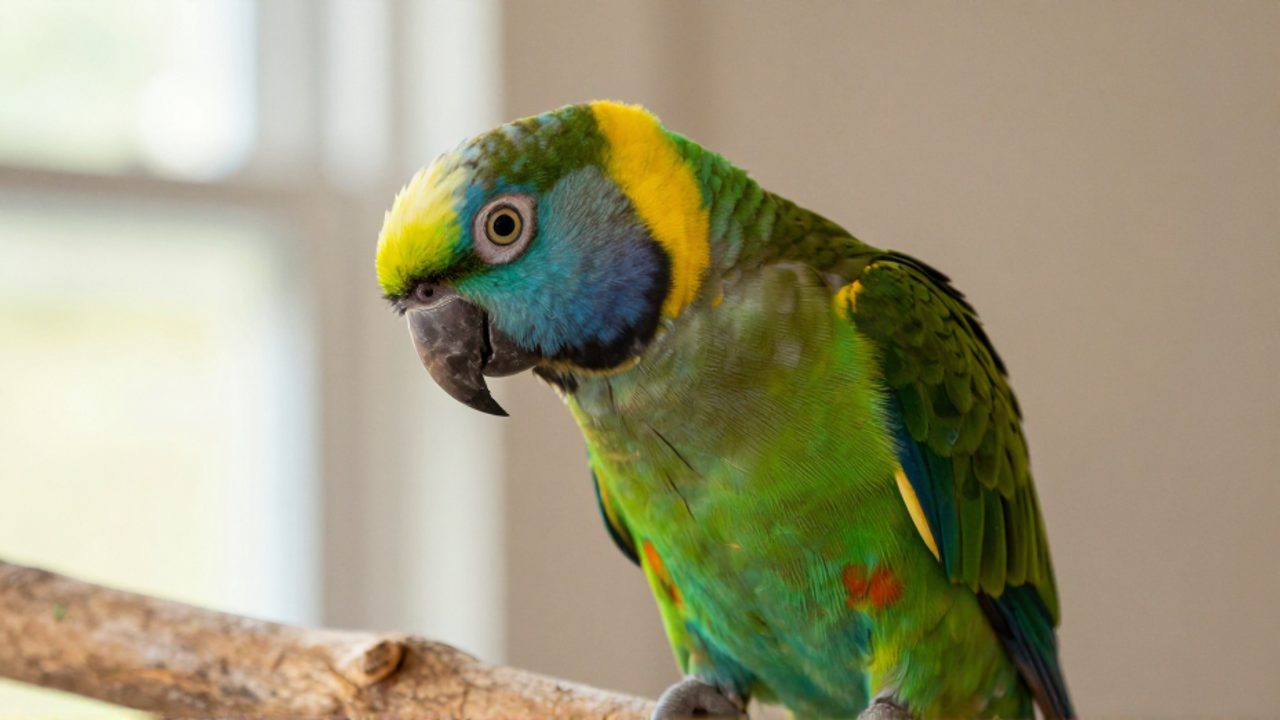 Loro de colores vibrantes posado en una rama de madera con la cabeza inclinada, mostrando una expresión curiosa.