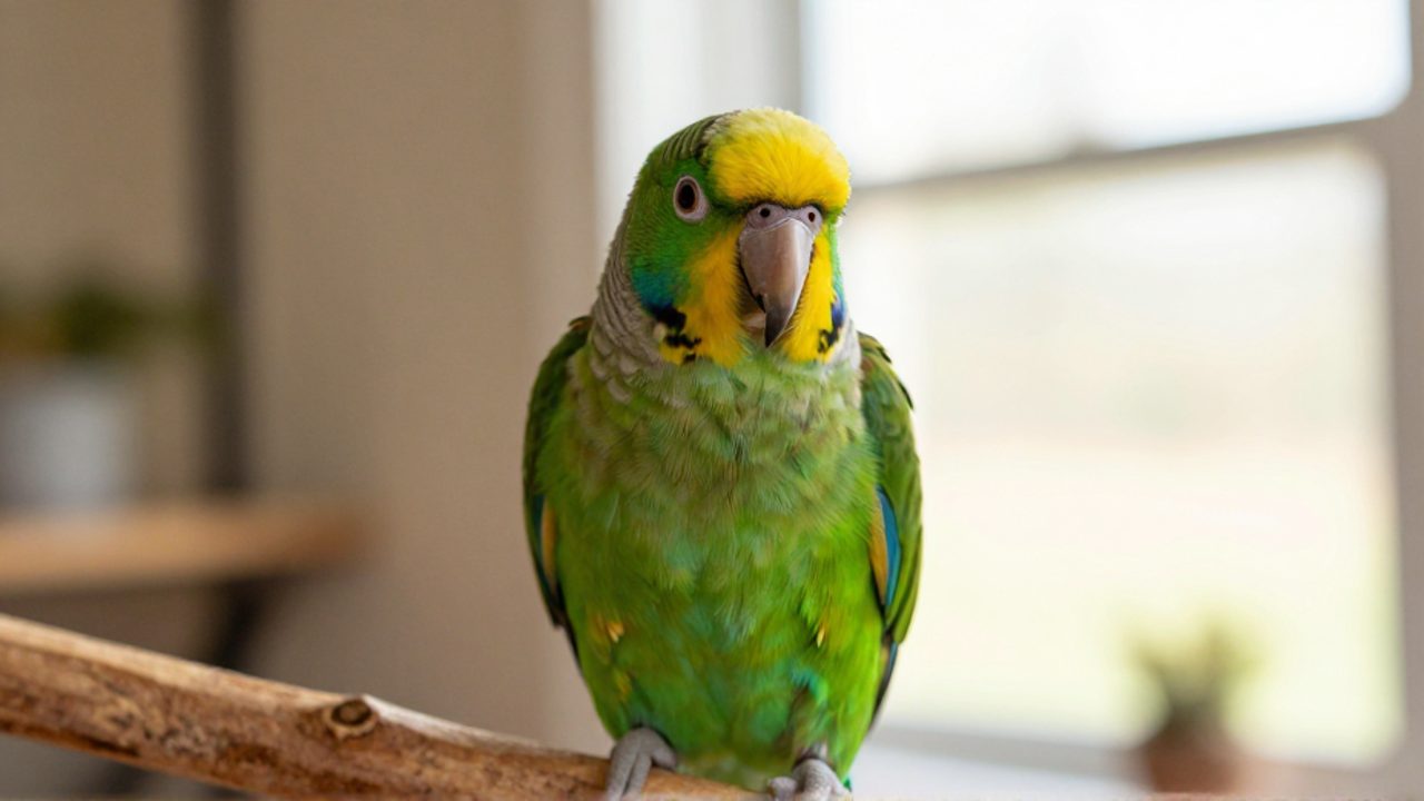 Loro verde posado sobre una rama de madera, mirando con atención hacia la cámara en un entorno doméstico iluminado por el sol.