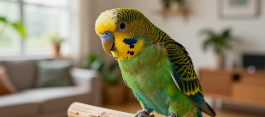 Loro de plumaje colorido apoyado en una rama de madera y mirando con curiosidad en una sala iluminada por el sol.