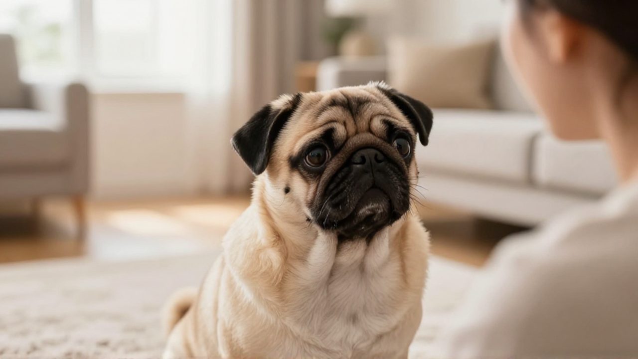 Un perro pug de color canela mira con expresión expectante y afectuosa hacia una persona en una sala de estar luminosa.