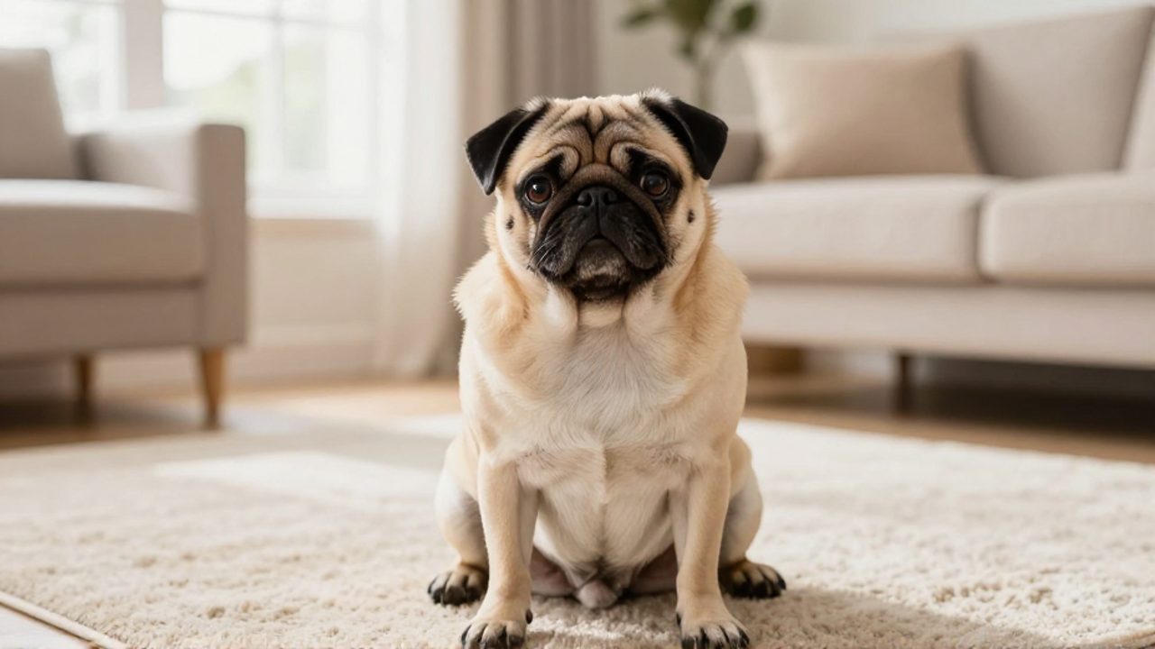 Un perro pug color canela sentado en una alfombra dentro de una sala de estar luminosa y acogedora.