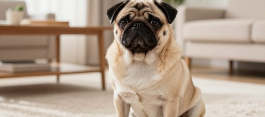 Perro pug de color arena sentado con curiosidad sobre una alfombra en una sala de estar iluminada por el sol.