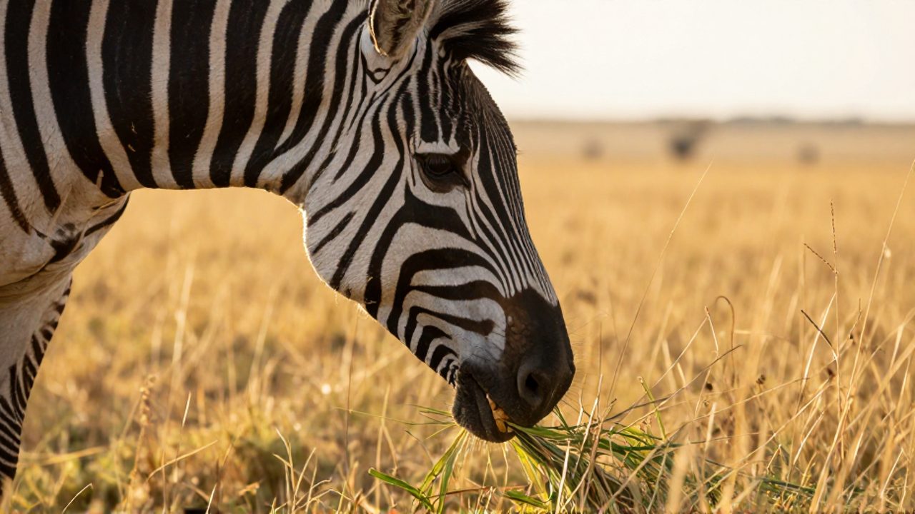 Primer plano de la boca de una cebra mientras pasta hierba alargada en la sabana africana.