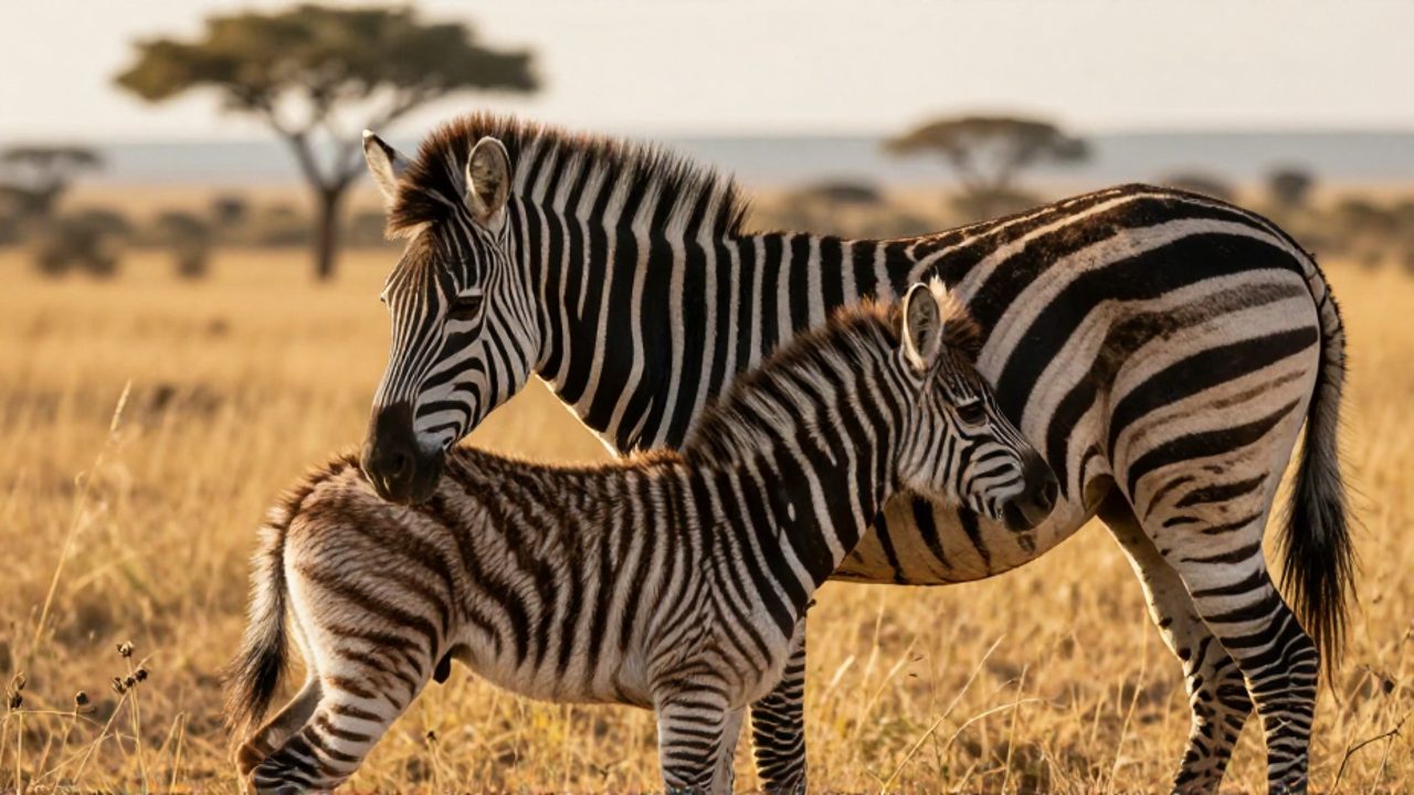 Una cría de cebra amamantando a su madre entre los pastizales dorados de la sabana africana.
