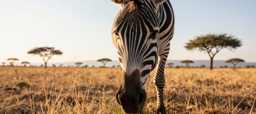 Una cebra de llanura arranca hierba seca con sus dientes en la sabana africana.