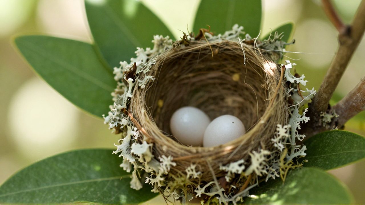Dos huevos diminutos de color blanco descansan dentro de un nido de musgo y telarañas entre hojas verdes en un jardín.