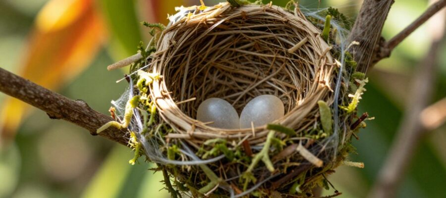 Dos huevos pequeños y translúcidos descansan dentro de un diminuto nido de musgo y telarañas sujeto a la rama de un árbol.