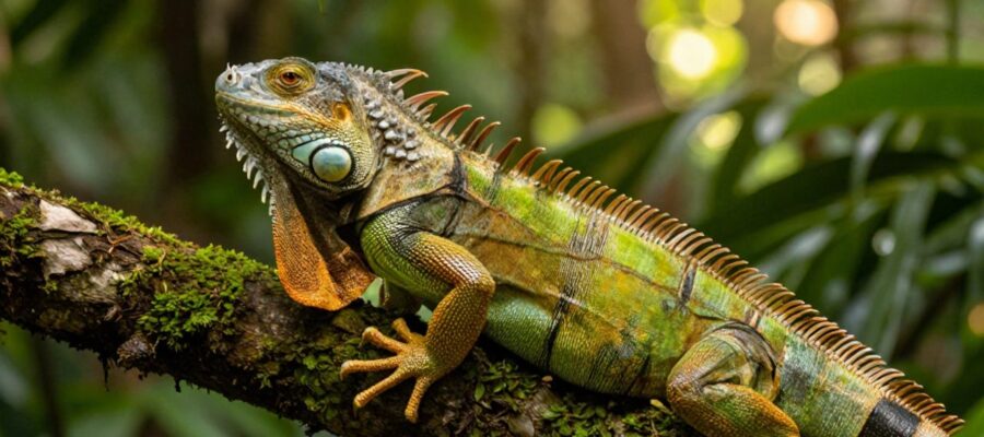 Una iguana verde posada sobre una rama con musgo en un entorno de selva tropical.