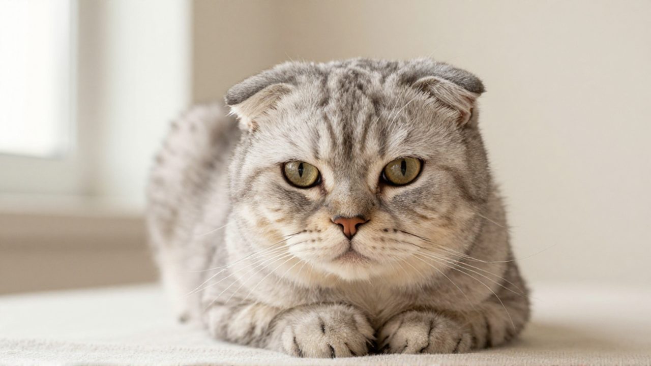 Primer plano de un gato Scottish Fold con orejas plegadas hacia adelante sobre un fondo neutro.