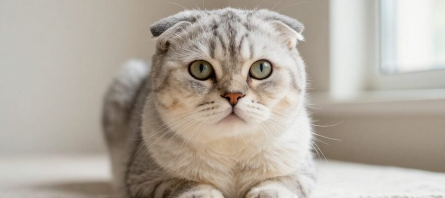 Primer plano de un gato Scottish Fold con sus características orejas dobladas y ojos expresivos sobre una superficie de lino.