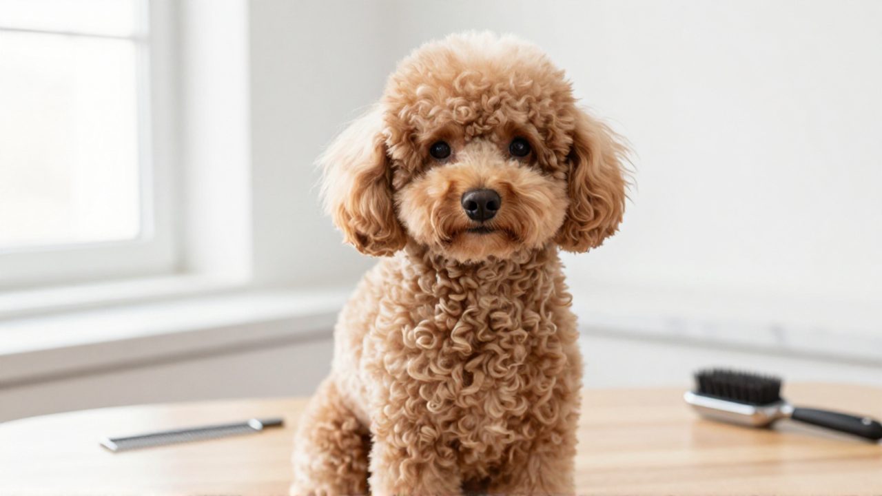 Poodle mediano de color albaricoque con pelaje rizado y bien cuidado sentado junto a utensilios de asego canino.