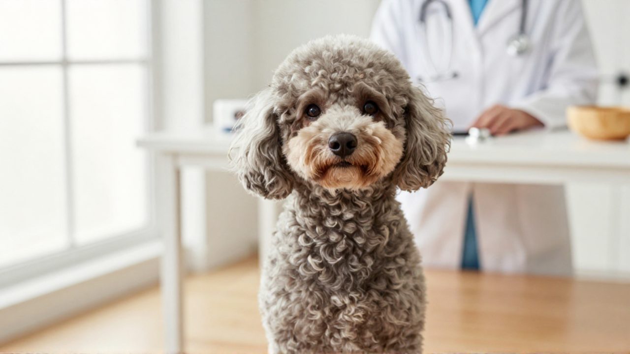 Poodle mediano de pelaje ondulado y aspecto saludable sentado en una clínica veterinaria luminosa.