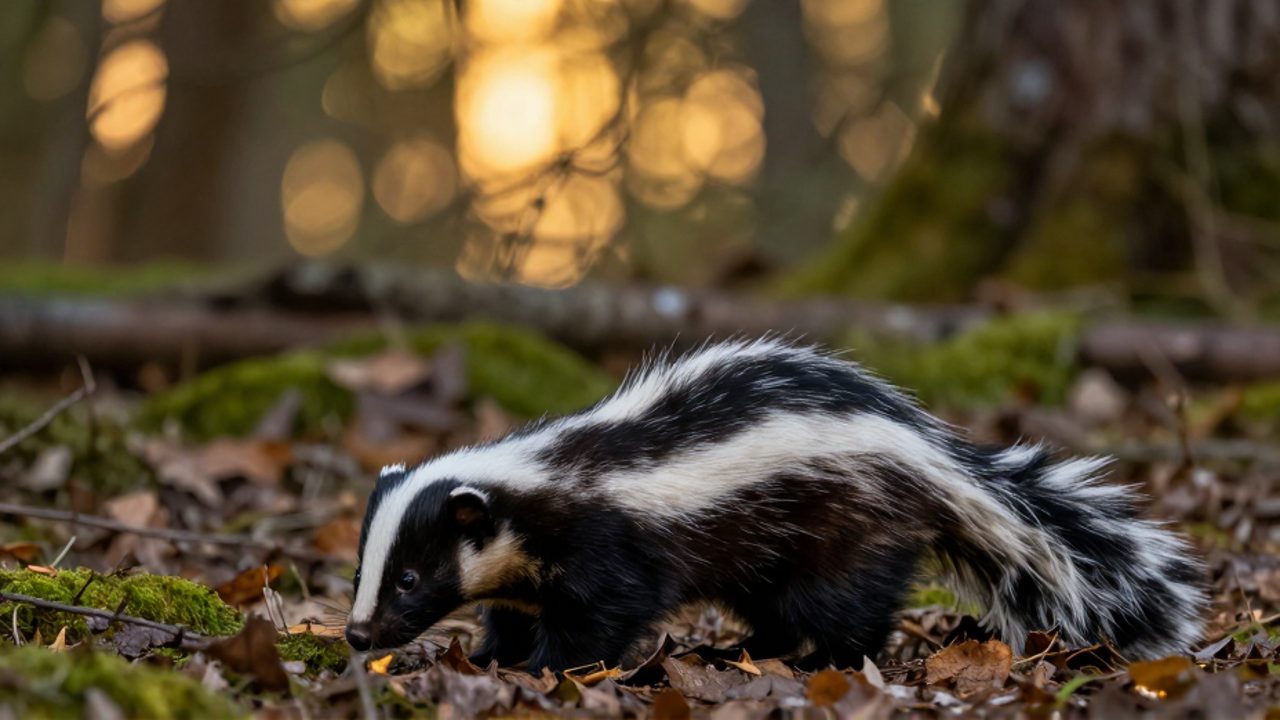 Un zorrillo moteado busca alimento entre hojas secas y musgo en el suelo de un bosque iluminado por la luz del atardecer.