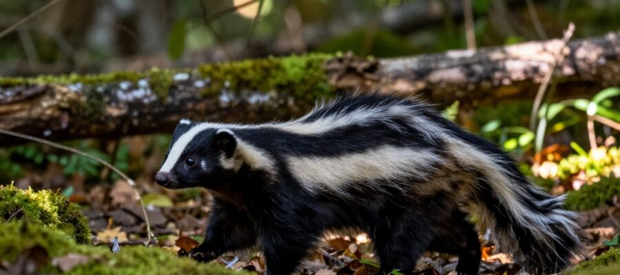 Un zorrillo con su característico pelaje blanco y negro camina con cautela sobre un suelo de bosque cubierto de musgo y hojas secas.