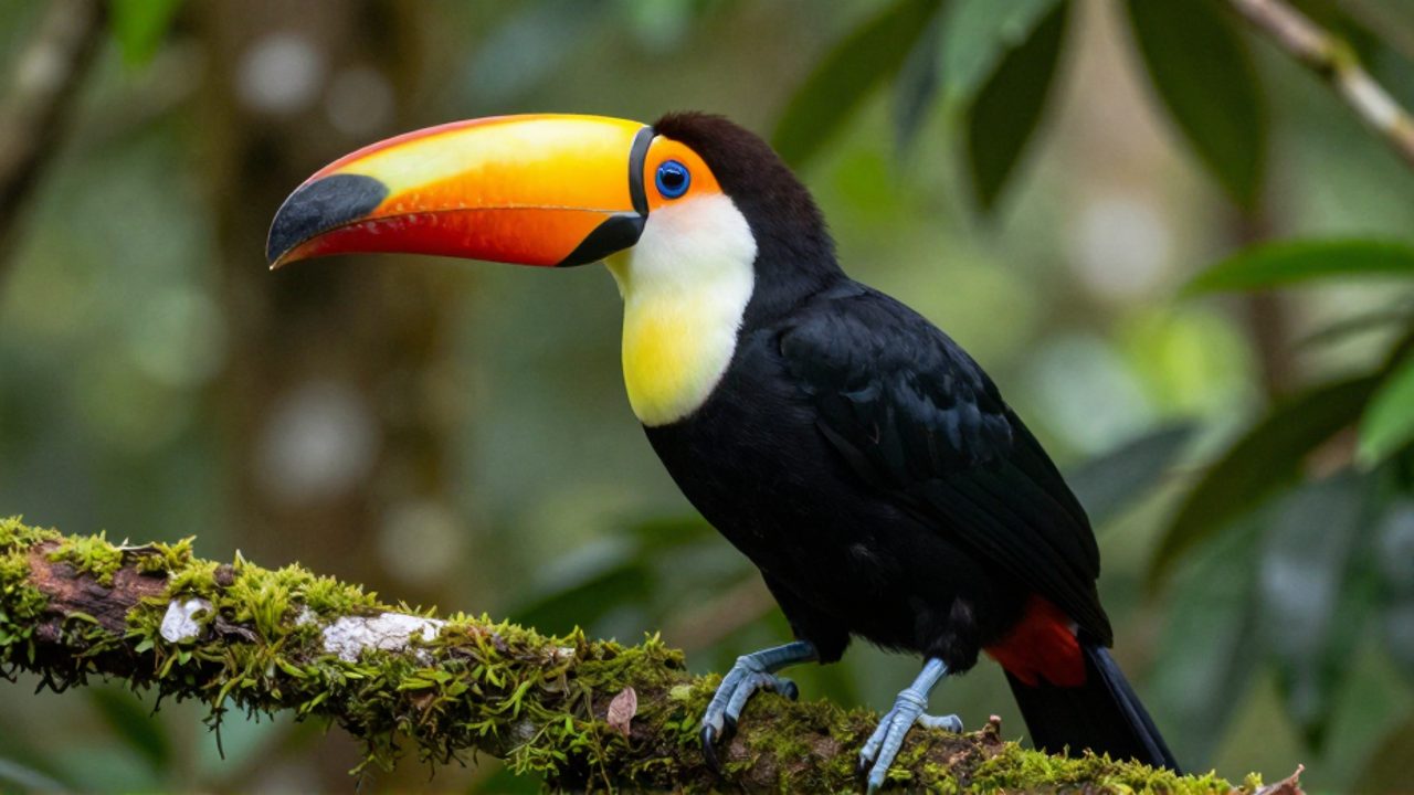 Tucán toco posado de perfil sobre una rama con musgo en la selva tropical, resaltando su gran pico naranja y amarillo.