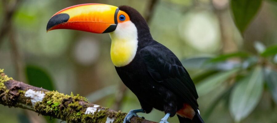 Tucán toco posado sobre una rama con musgo en una selva tropical, destacando su gran pico naranja y plumaje negro.