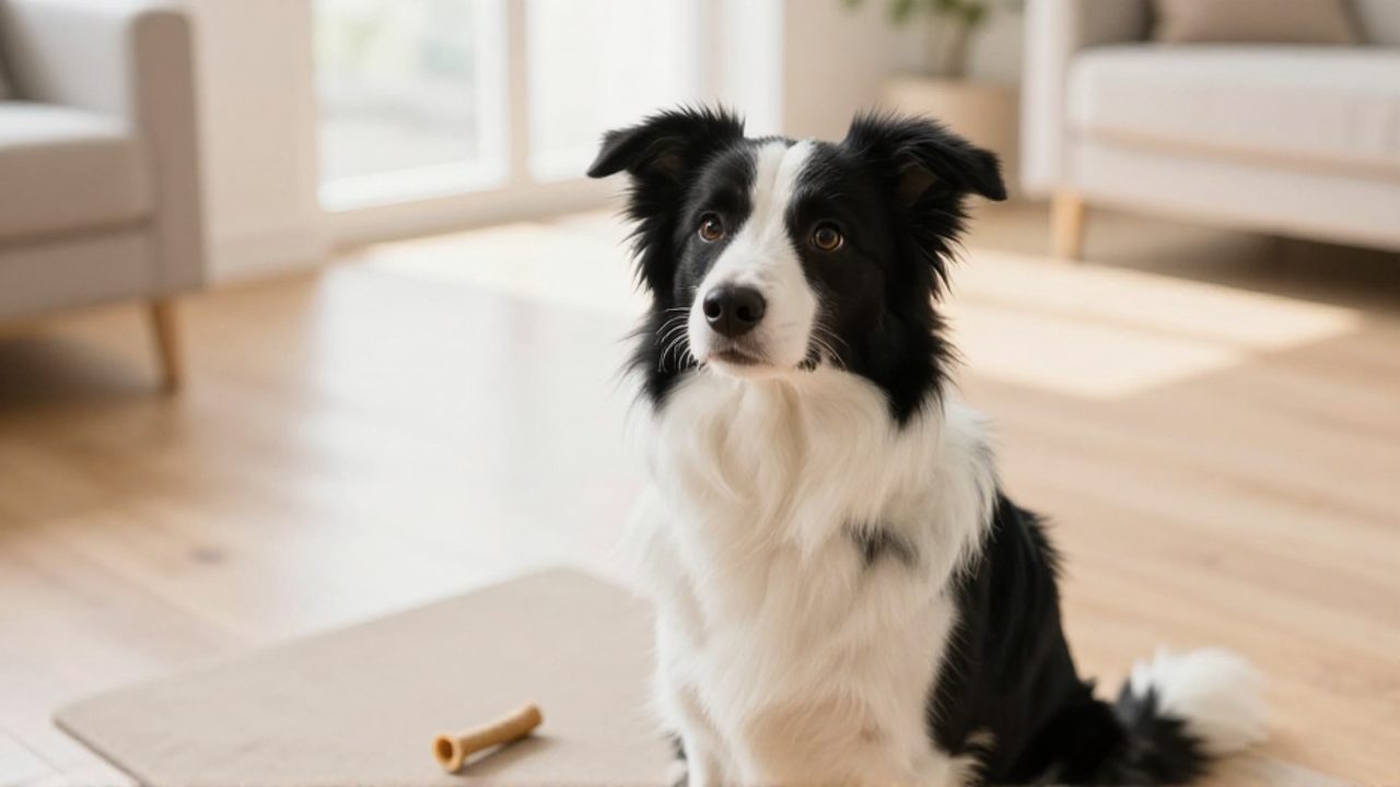 Una perrita Border Collie sentada en un salón luminoso, mirando con atención hacia arriba junto a un premio de entrenamiento.