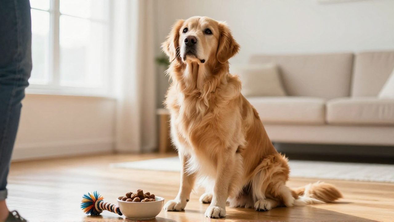 Una perra golden retriever sentada y atenta en una sala luminosa, con un cuenco de premios y un juguete a su lado durante una sesión de entrenamiento.