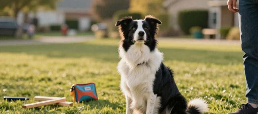 Perra Border Collie sentada en el césped mirando con atención hacia su entrenador durante una sesión de adiestramiento.