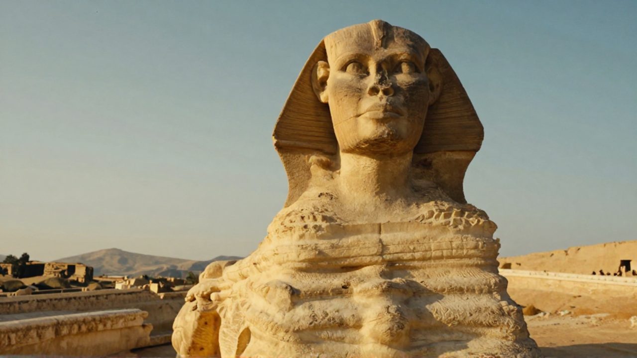 Esfinge con cuerpo de león y rostro de mujer situada sobre una meseta de piedra bajo la luz del atardecer en un paisaje griego antiguo.