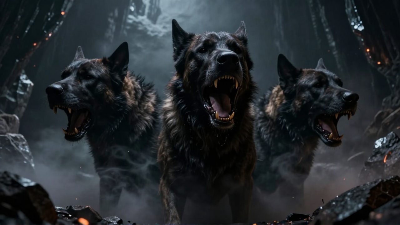 Cerbero, un imponente perro de tres cabezas con expresión agresiva, emerge entre la niebla y rocas oscuras en un entorno subterráneo.