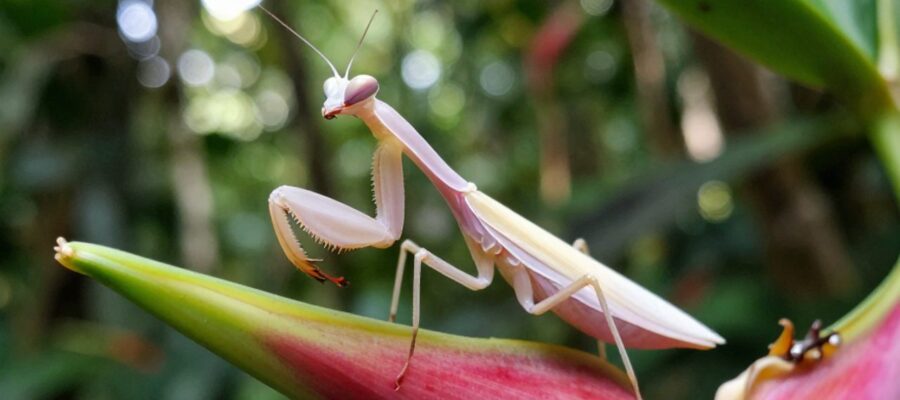 Mantis orquídea de color blanco y rosa posada sobre una flor tropical para camuflarse entre la vegetación.
